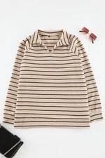 Trendyol Curve Beige*001 Striped Oversize/Wide Pattern Thessaloniki Polo Collar Knitted Plus Size Sweatshirt