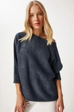 Happiness İstanbul Women's Anthracite Boat Neck Seasonal Oversize Knitwear Sweater