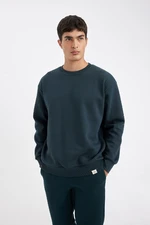 DEFACTO Dark Green Oversize Fit Wide Mold Crew Neck Thick Fabric Basic Plain Sweatshirt