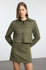 Trendyol Khaki Pocket Detailed Suede Fabric Crop Woven Regular Regular Fit Jacket