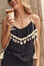 Black boho blouse with tassels on hangers