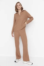 Trendyol Dark Beige Corduroy Braided Wide Fit Sweater Trousers