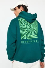 Trendyol Dark Green Men's Oversized Hooded Labyrinth Printed Sweatshirt with a Soft Pile Inside.