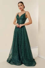 By Saygı Lined With Rope Straps, Embroidery Sequin Long Dress With Beading Detail Emerald