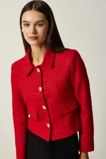 Happiness İstanbul Women's Red Gold Buttoned Tweed Woven Jacket