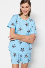 Trendyol Blue 100% Cotton Star Patterned T-shirt-Shorts Knitted Pajama Set