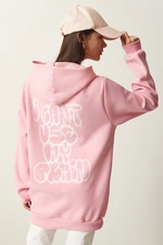 Happiness İstanbul Women's Light Pink Hooded Printed Rose Gold Sweatshirt