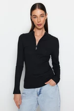 Trendyol Black Zipper Collar Fitted/Fit-fitting Ribbed Stretchy Knitted Blouse