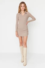 Trendyol With Stones Shirring Detail, Fitted Mini Polo Neck, Ribbed, Flexible Knit Dress