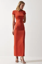 Happiness İstanbul Women's Orange Crew Neck Wraparound Sandy Knitted Dress