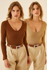 Happiness İstanbul Women's Brown Biscuit V Neck 2-Pack Knitted Blouse