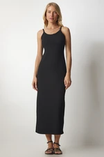 Happiness İstanbul Women's Black Strappy Corduroy Pencil Dress