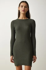 Happiness İstanbul Women's Khaki Mini Slit Corduroy Knitted Dress