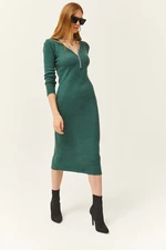 Olalook Women's Green V-Neck Zippered Thick Ribbed Midi Dress