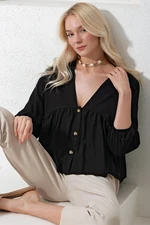 Trend Alaçatı Stili Women's Black V-Neck Button Detailed Gathered Woven Blouse