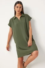 Happiness İstanbul Women's Khaki Polo Neck Summer Loose Linen Ayrobin Dress