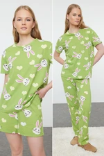 Trendyol Green 3-Pack 100% Cotton Rabbit and Heart Patterned Knitted Pajama Set