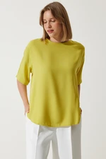 Happiness İstanbul Women's Oil Green Crew Neck Flowy Viscose Blouse