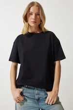 Happiness İstanbul Women's Black Loose Basic Cotton T-Shirt