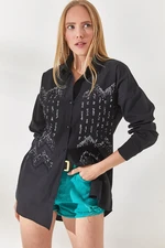 Olalook Women's Geometric Black Stamp Detail Oversize Shirt