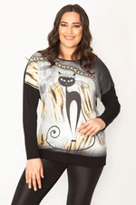 Şans Women's Plus Size Two-tone Tunic with a Black Cat Figure Print and Stone Detail