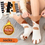 Kawaii Cartoon White Socks for Women Cute Dog Cat Paw Pattern Female Fleece Warm Funny Animal Dot Socks Home Floor Sleeping