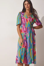 Happiness İstanbul Women's Pink Green Patterned Wrapped Viscose Dress