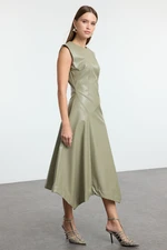 Trendyol Khaki Faux Leather Padded Midi Woven Dress