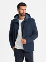 Ombre Men's jacket with hooded lining and high collar - navy blue