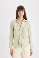 DEFACTO Regular Fit Basic Plain Lace-Up Crinkle Viscose Long Sleeve Shirt