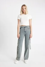 DEFACTO Wide Leg Cargo High Waist Long Soft Jean Washed Trousers