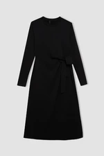 DEFACTO Crew Neck Basic Plain Waist Tie Crepe Long Sleeve Maxi Black Dress