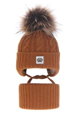 AGBO Girl's winter set: hat and tube scarf camel Tigra with pompom