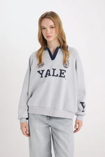 DEFACTO Gray Yale University Oversize Wide Fit Polo Neck Printed Thick Sweatshirt