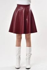 88854 Dewberry Flared Faux Leather Skirt-BURGUNDY