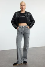 Trendyol Gray Cargo Pocket High Waist Wide Leg Jeans