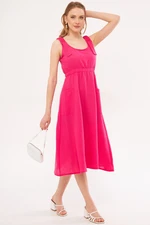 armonika Women's Fuchsia Dekatria Dress with Elastic Waist and Straps and Pockets Linen Look Midi Size