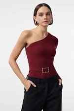 Trendyol Burgundy Belt Detailed One-Shoulder Fitted Flexible Knitted Body with Snap Fasteners