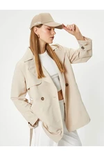 Koton Short Trench Coat Reverse Double Breasted Collar Belt Detail Pockets Wind Flap