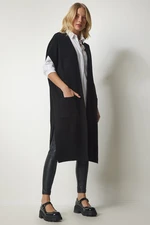 Happiness İstanbul Women's Black Pocketed Oversize Long Knitwear Vest