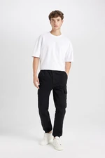 DEFACTO Men's Black Regular Jogger Cargo Pocket Elastic Leg Gabardine Trousers