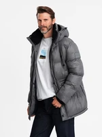 Ombre Men's long puffer jacket with snap pockets - graphite