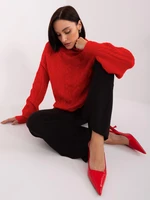 Red Loose Women's Sweater With Cables