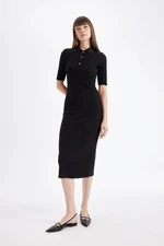 DEFACTO Polo Collar Short Sleeve Slit Bodycon Midi Knit Dress