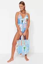 Trendyol Blue Tropical Patterned Woven 100% Cotton Beach Bag