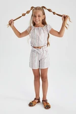 DEFACTO Girl Paperbag Fit Belted Striped Short