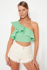 Trendyol Green Crop Ruffles One-Shoulder 100% Cotton Blouse