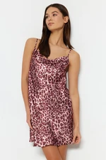 Trendyol Pink Leopard Patterned Rope Strap Degaje Collar Satin Woven Nightdress