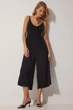 Happiness İstanbul Women's Black Knitted Jumpsuit with Rope Straps V-Neck