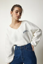 Happiness İstanbul Women's Ecru V Neck Oversize Crop Knitted Sweatshirt